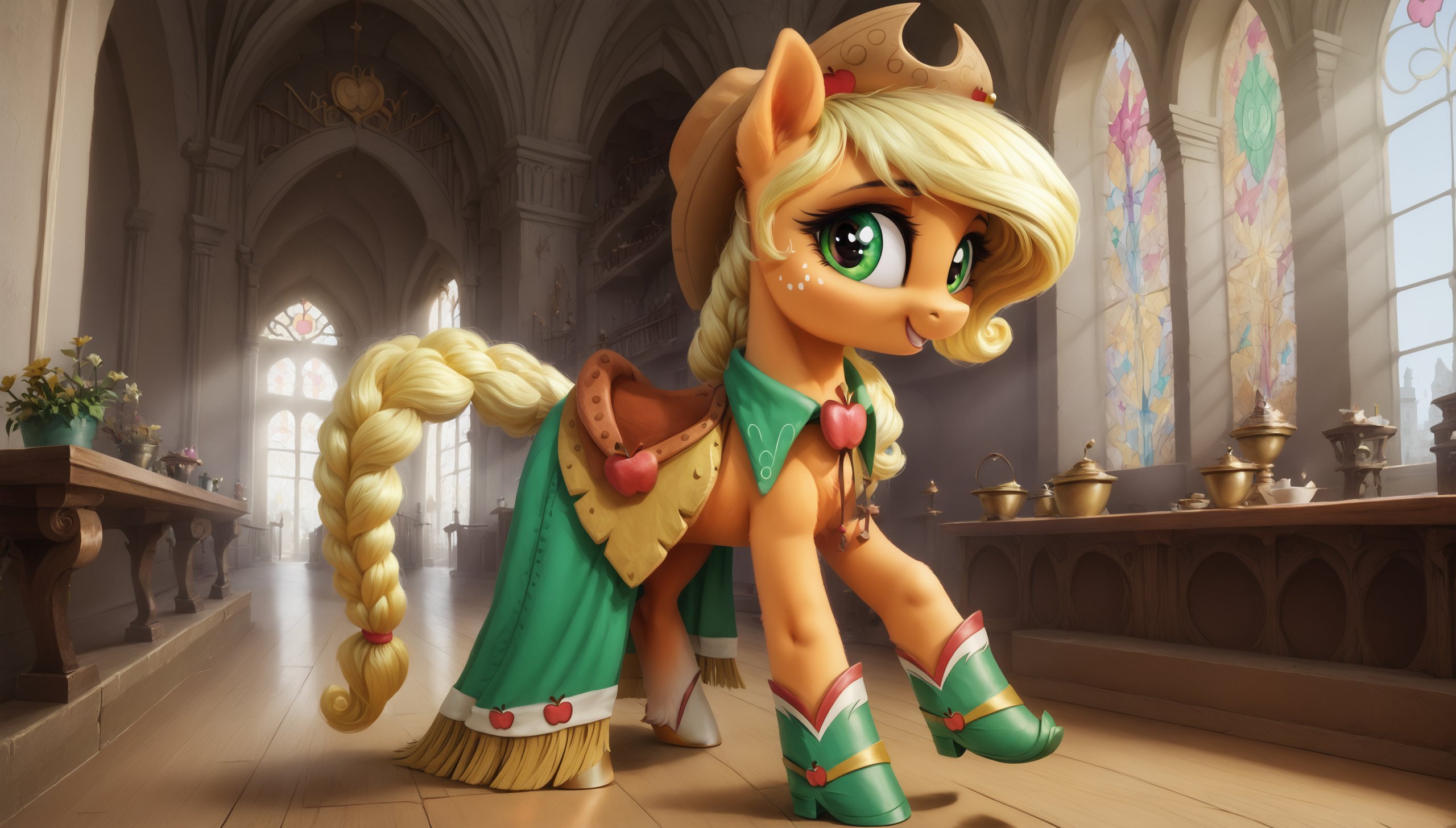 01672-1335396621-my little pony, ((feral pony)),pipp petals  1girl, ((solo)), (sexy)_lora_GALA__Applejack_1_ Applejack, green dress with white st.jpg